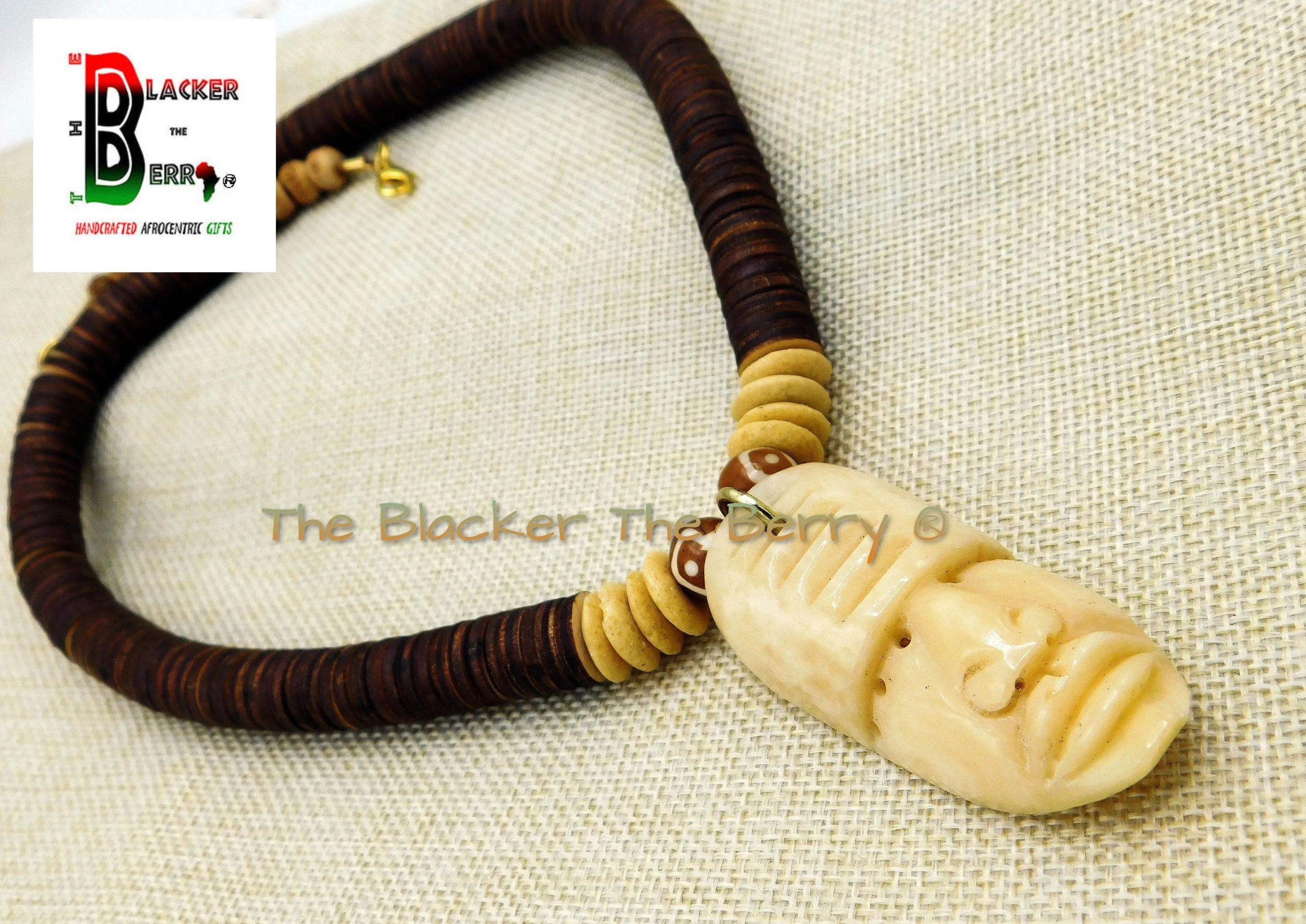 African Mask Necklace Jewelry Beaded Wooden Ethnic Afrocentric Handmade Black Owned