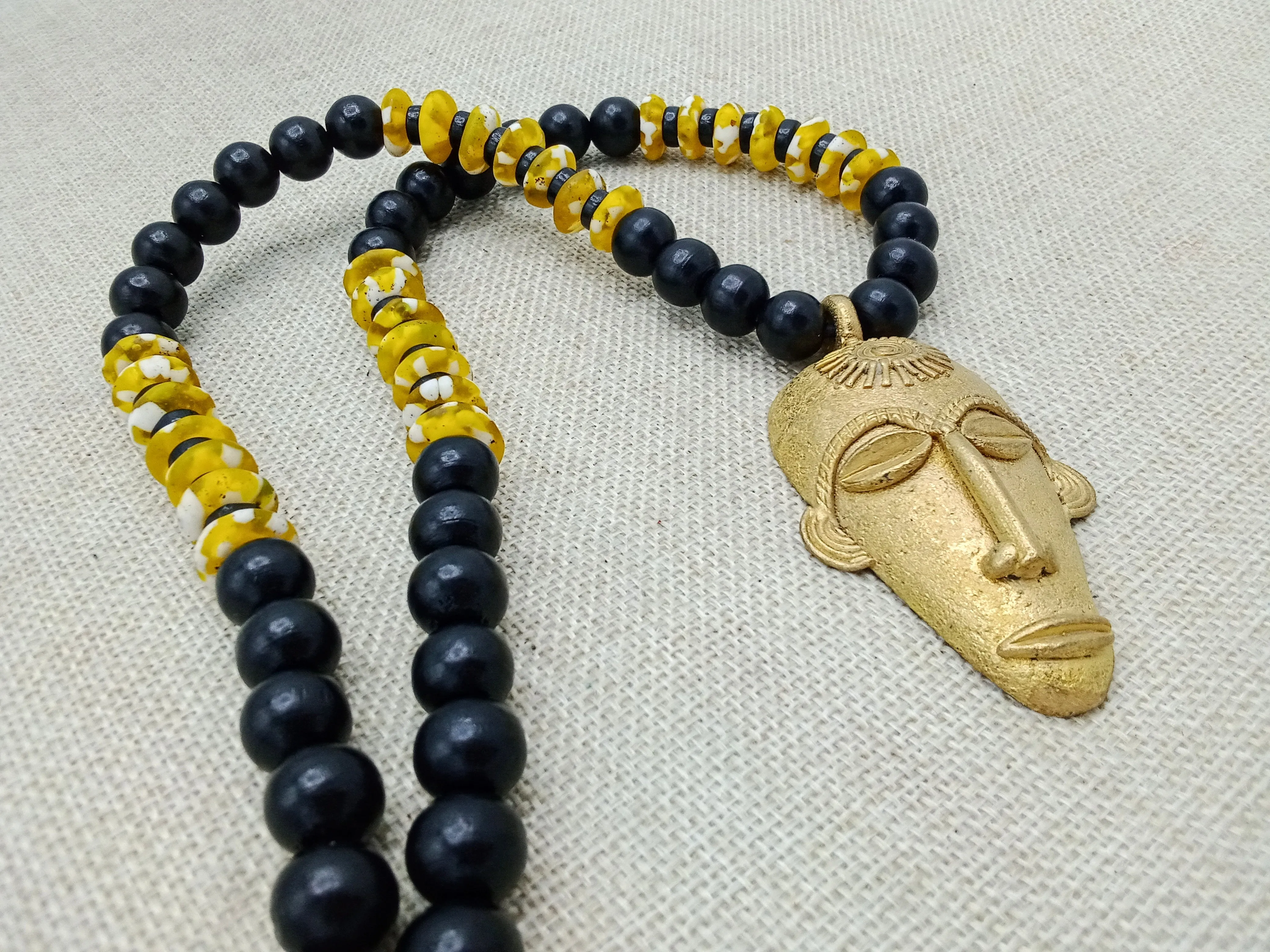 African Mask Pendant Black Yellow Beaded Jewelry Handmade Gift for Him Bronze