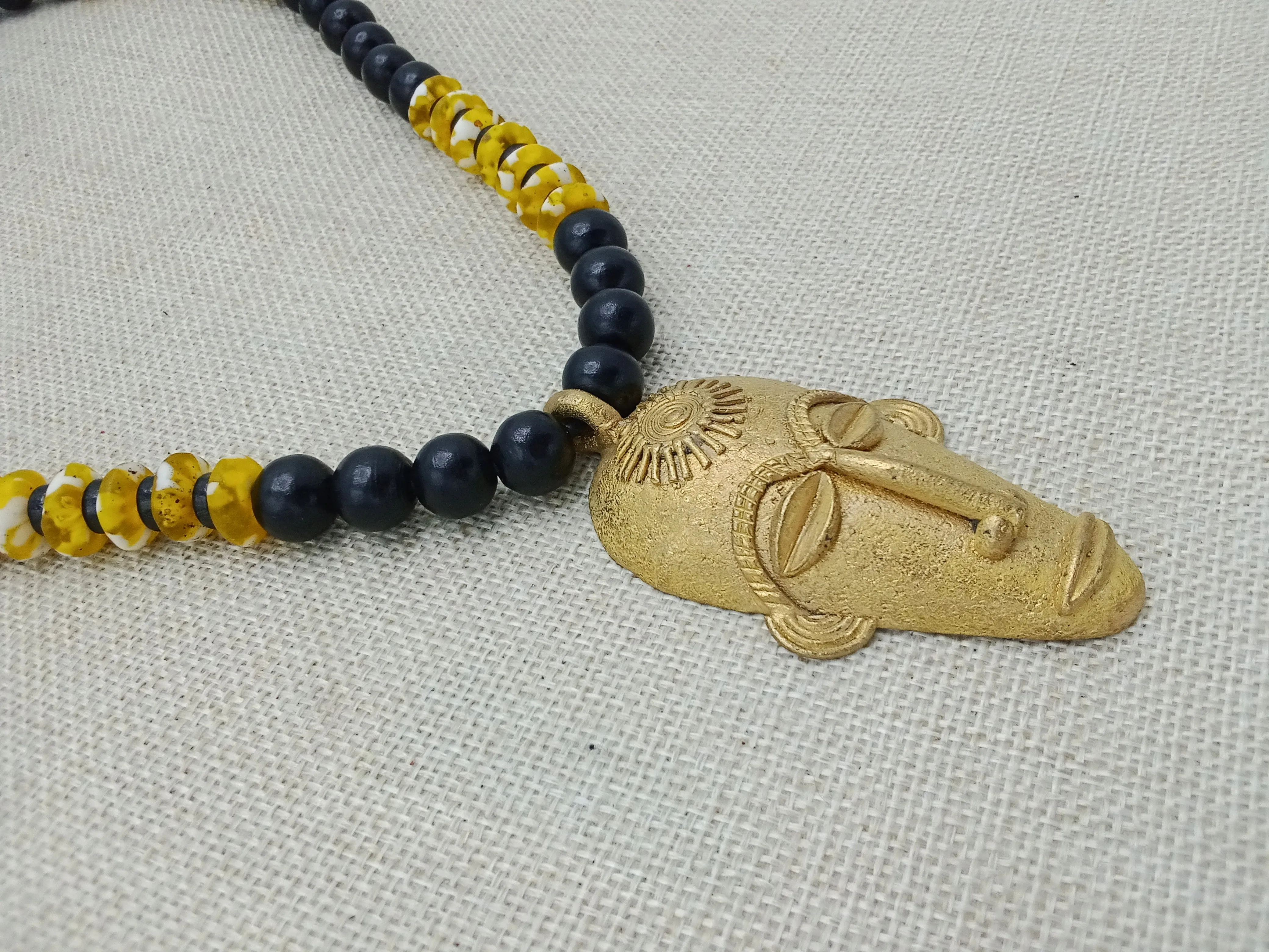 African Mask Pendant Black Yellow Beaded Jewelry Handmade Gift for Him Bronze