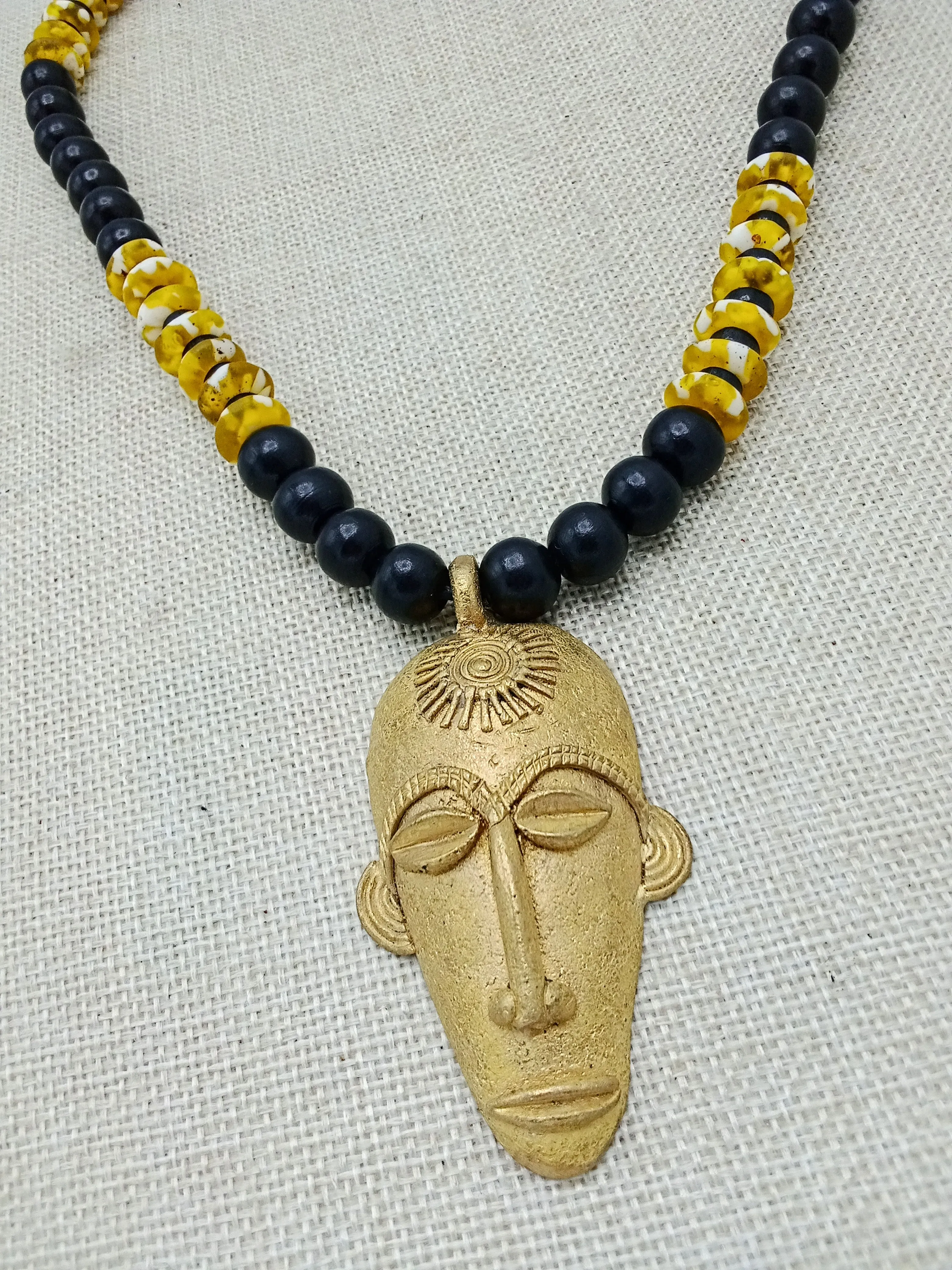 African Mask Pendant Black Yellow Beaded Jewelry Handmade Gift for Him Bronze