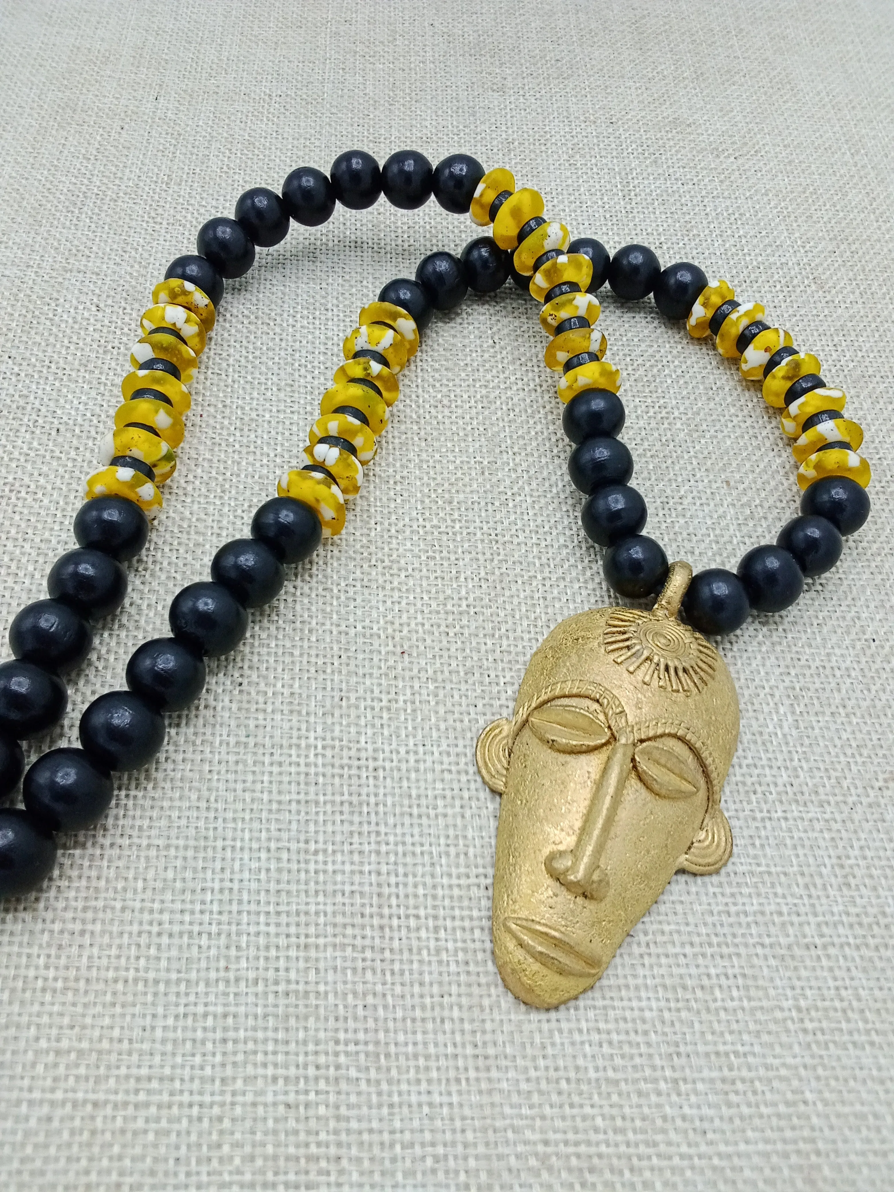 African Mask Pendant Black Yellow Beaded Jewelry Handmade Gift for Him Bronze