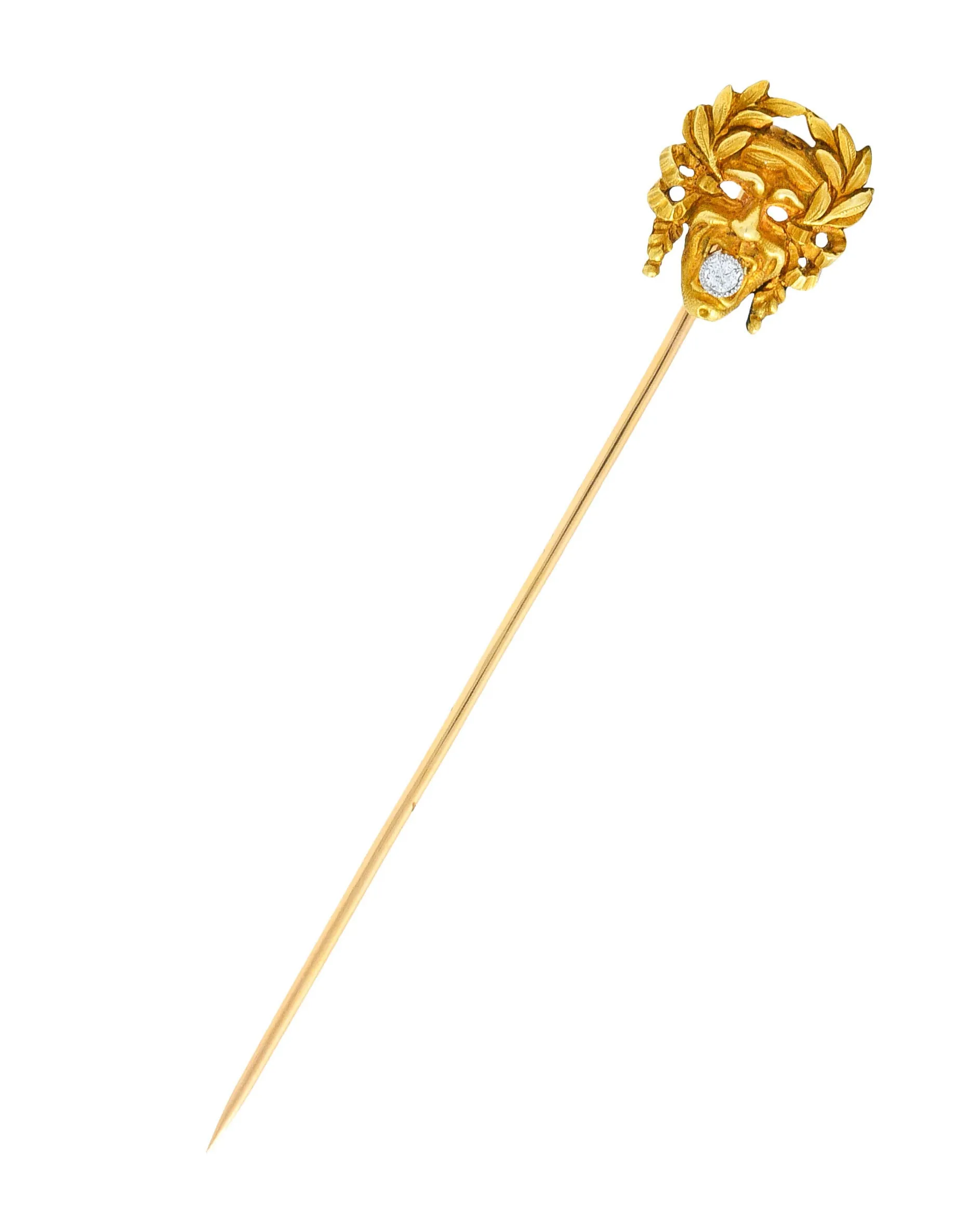 Art Nouveau Diamond 18 Karat Gold Laurel Comedy Mask Stickpin