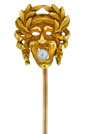 Art Nouveau Diamond 18 Karat Gold Laurel Comedy Mask Stickpin