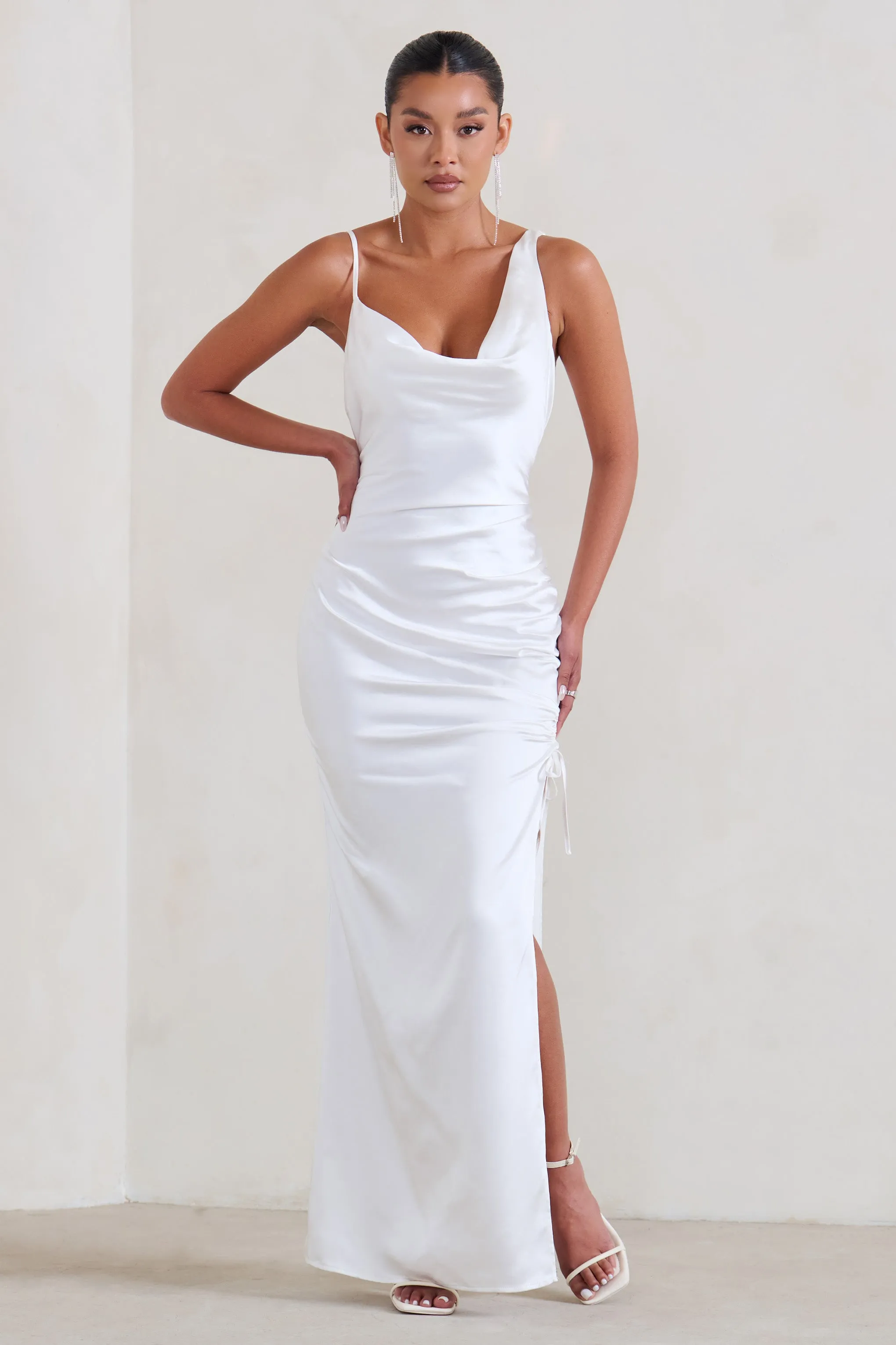 Belonging | White Ruched Cowl Maxi Dress