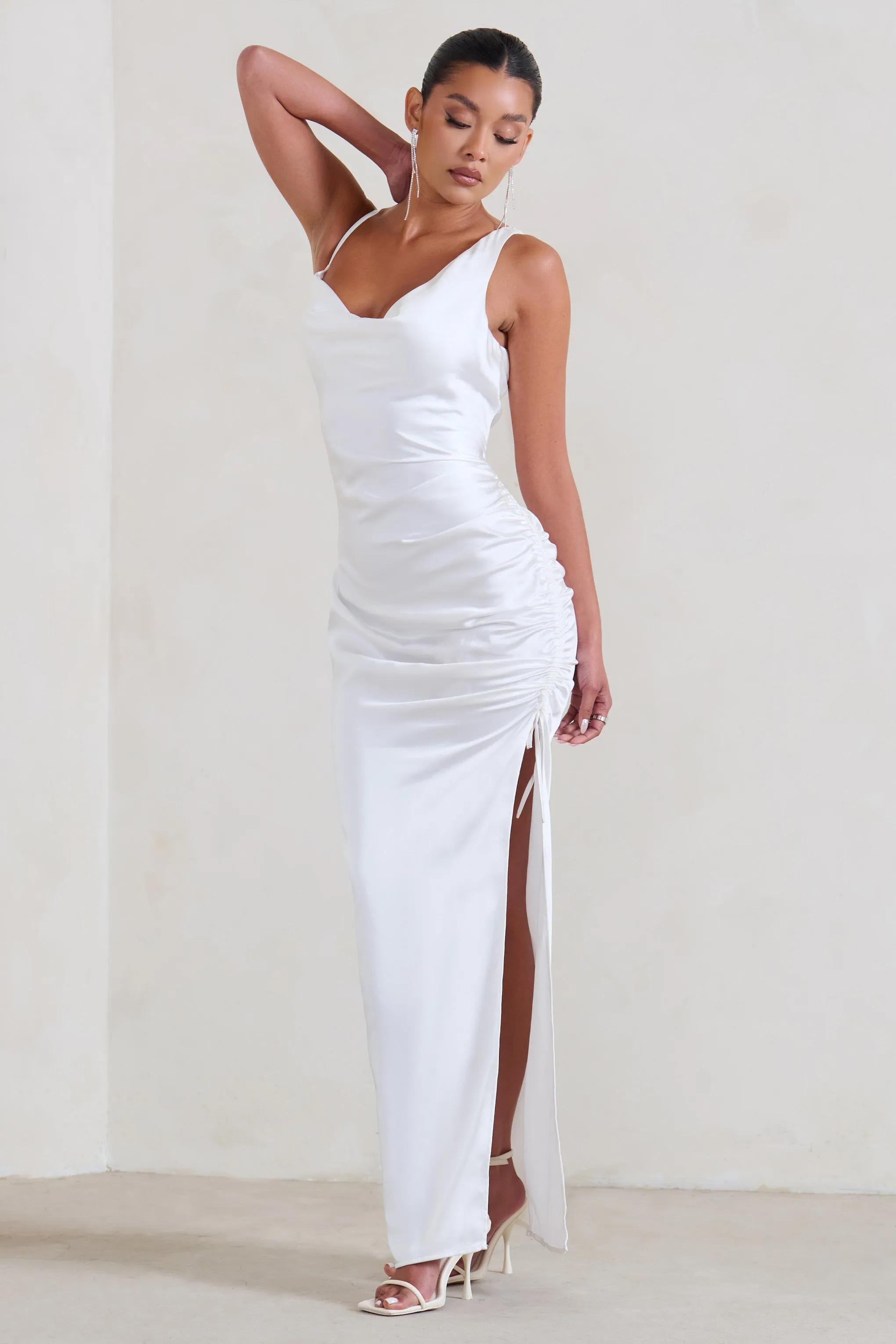 Belonging | White Ruched Cowl Maxi Dress