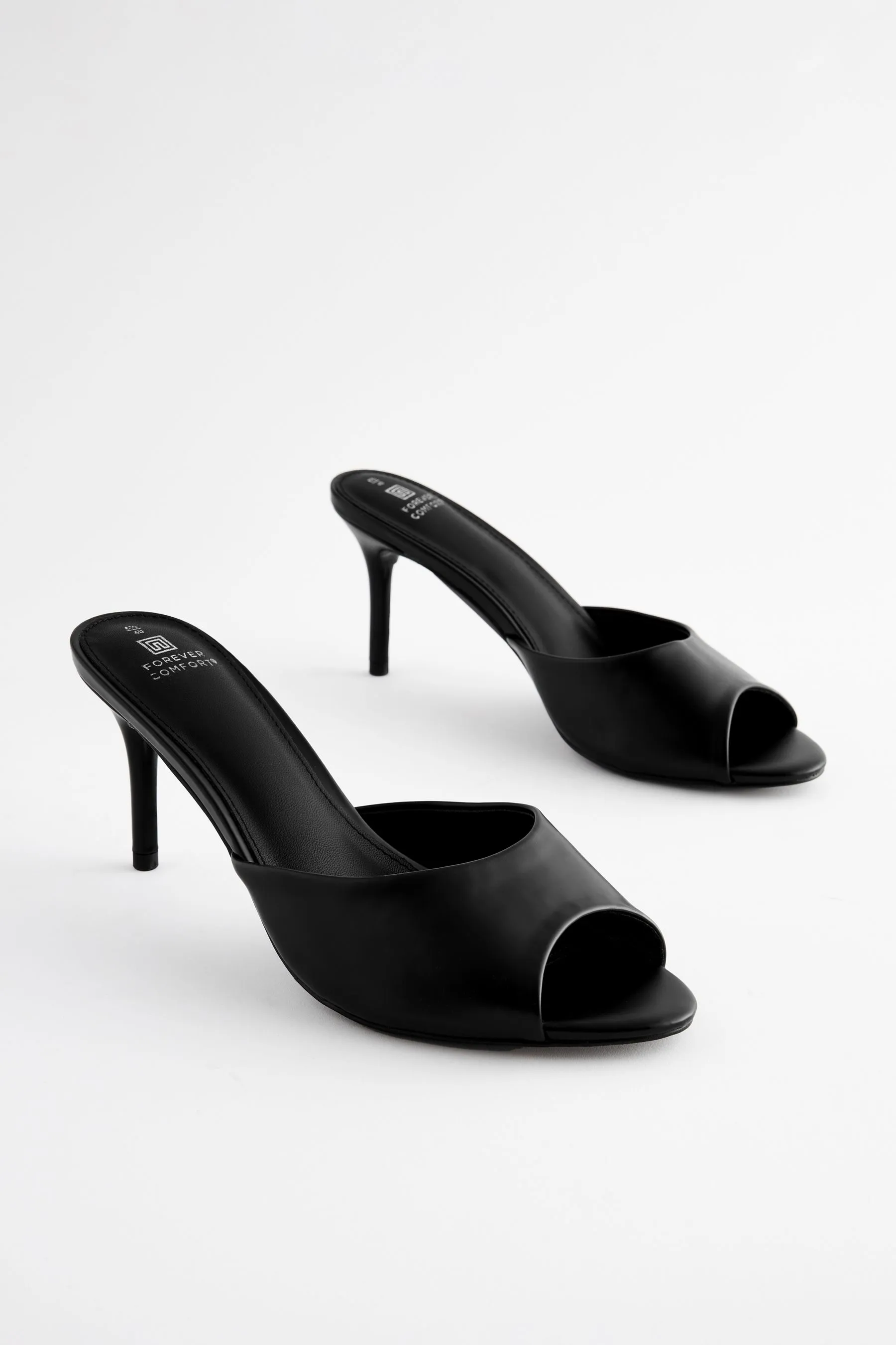 Black Forever Comfort® Peep Toe Heeled Mules