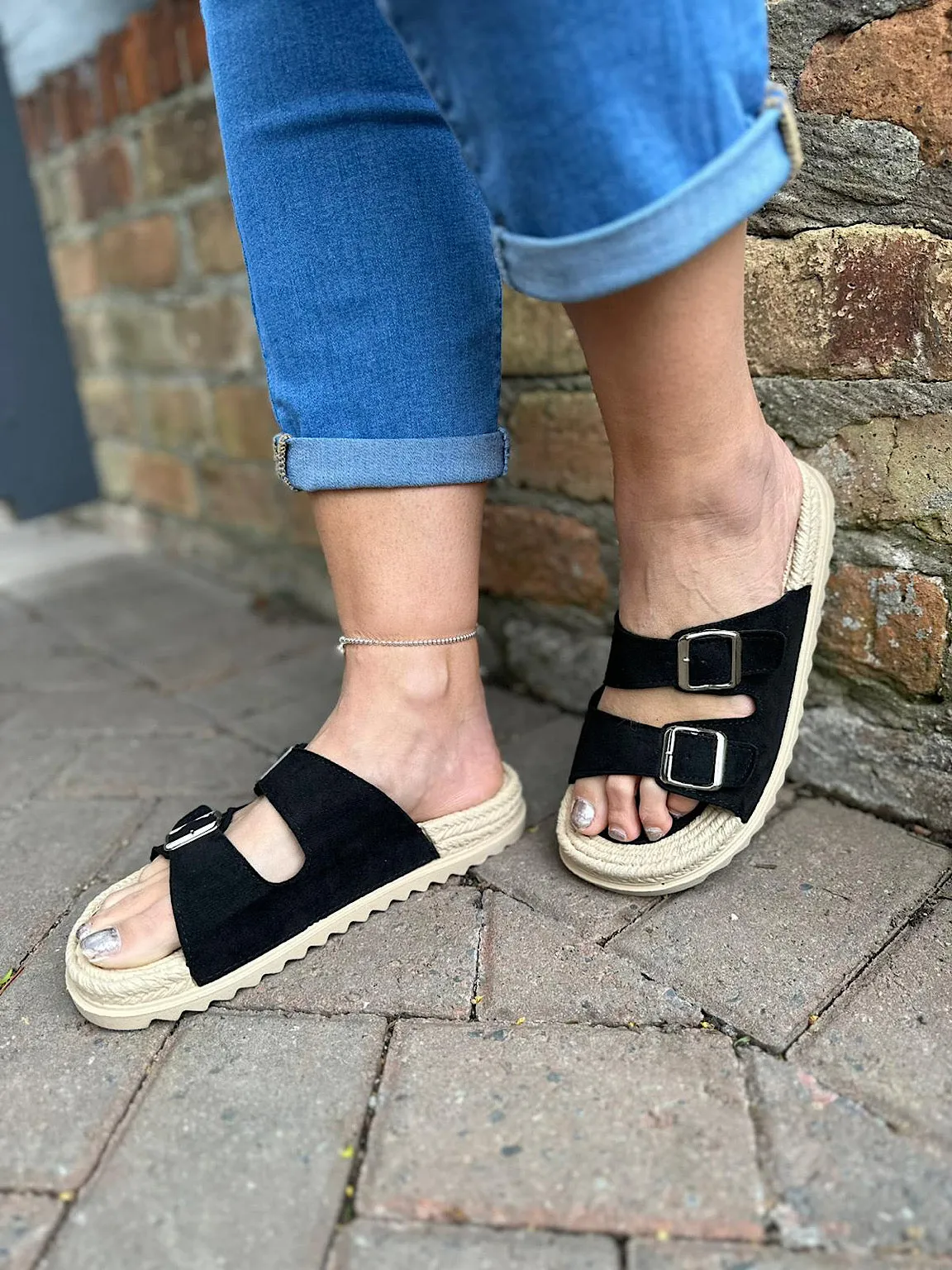 Black Two Strap Espadrille Footbed