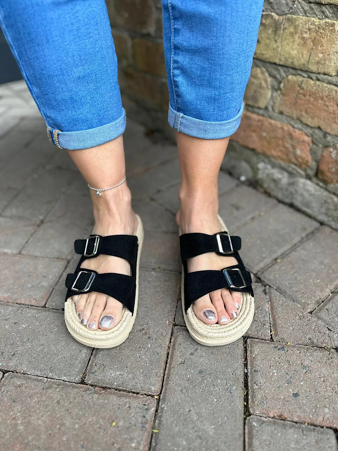 Black Two Strap Espadrille Footbed