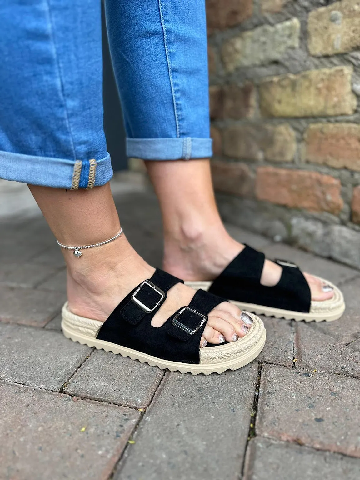 Black Two Strap Espadrille Footbed