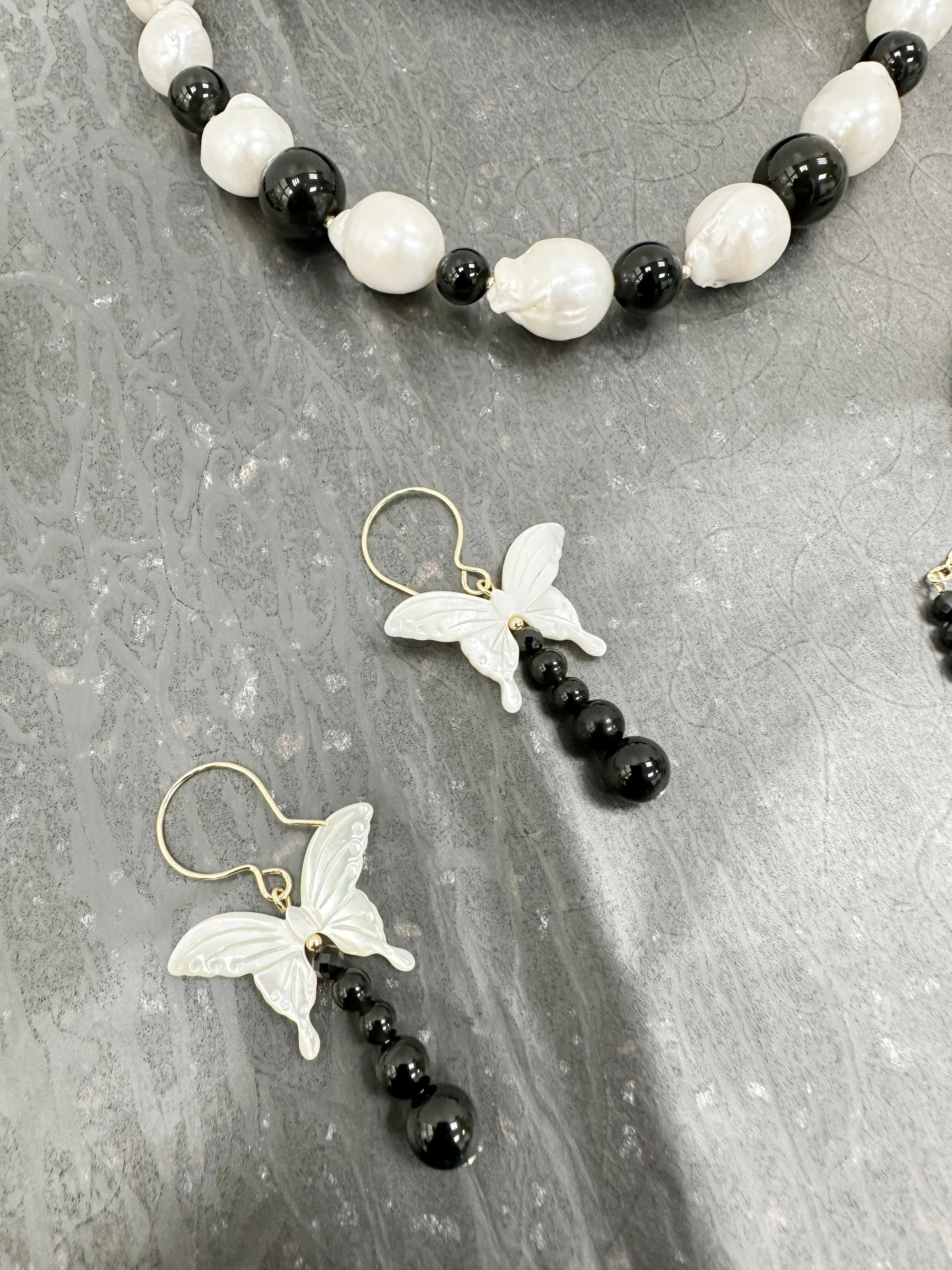 Butterfly Shell with Black Obsidian Statement Earrings LE042