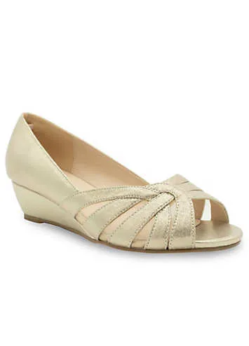 Champagne Wide Fit Shimmer Peep Toe Wedge Sandals by Paradox London | Look Again