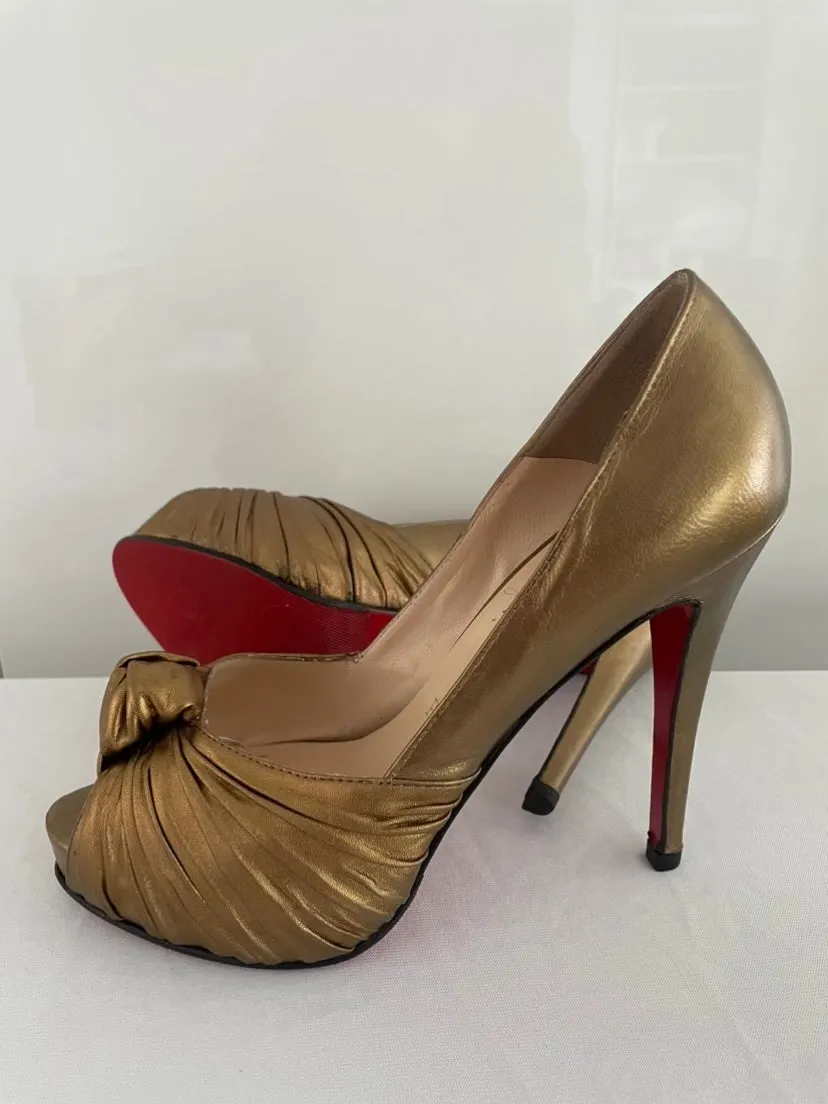 CHRISTIAN  LOUBOUTIN-Bronze Lady Gres 120mm Metallic Leather-Platform Peep Toe Pumps