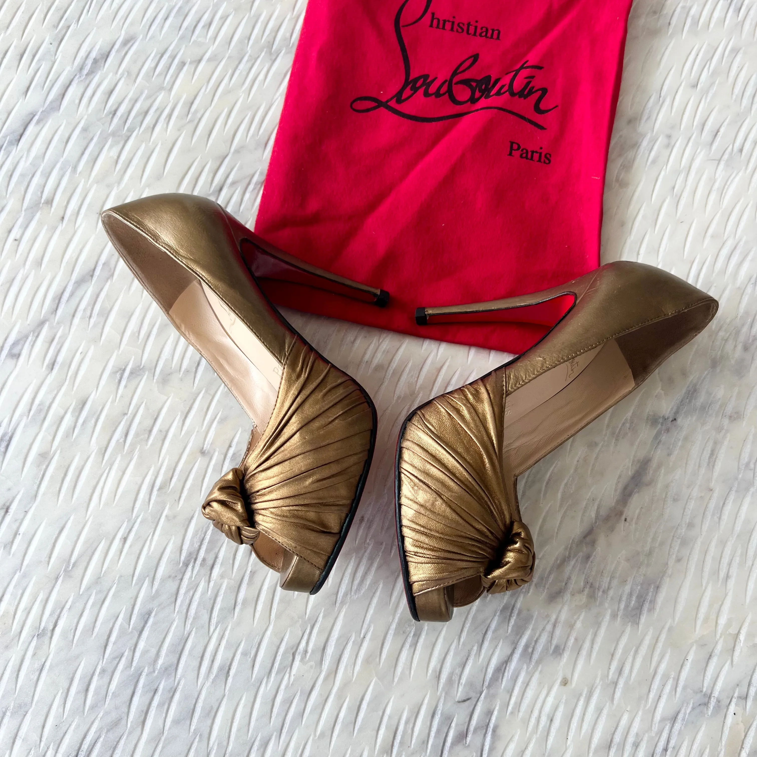 CHRISTIAN  LOUBOUTIN-Bronze Lady Gres 120mm Metallic Leather-Platform Peep Toe Pumps