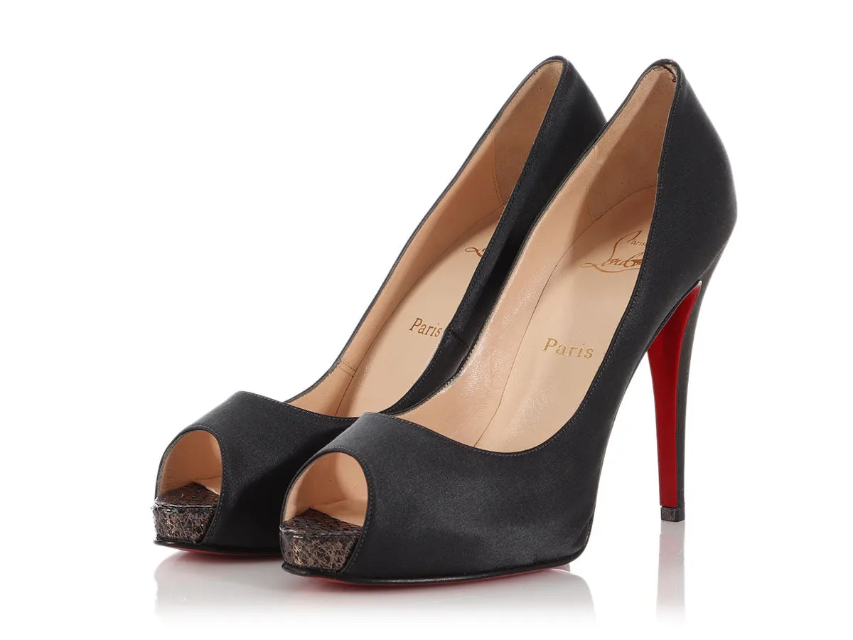 Christian Louboutin Gray Satin and Snakeskin Peep Toe Pumps