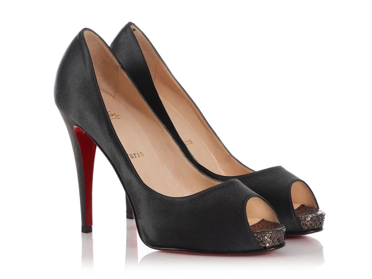 Christian Louboutin Gray Satin and Snakeskin Peep Toe Pumps