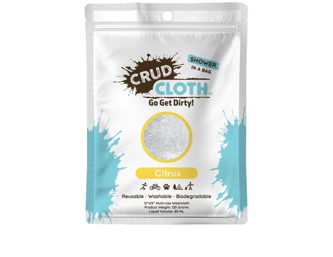 Crud Cloth Shower In A Bag | Citrus Scented (Pack of 4) | Biodegradable No Rinse Bathing Wipes For Camping, Backpacking, and Tra