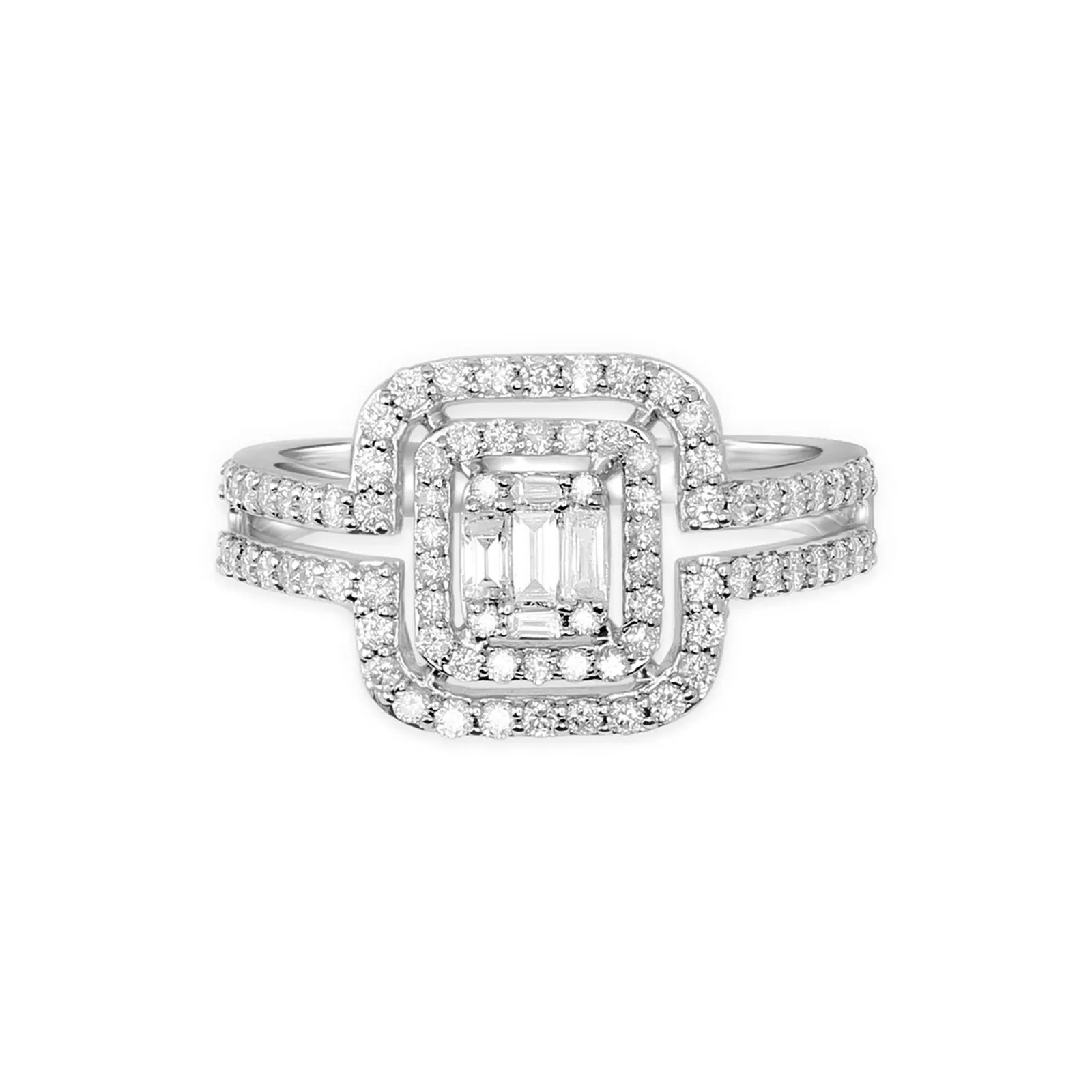 Cushion Cut Diamond with Double Halo Split Shank in Solid 18k White Gold