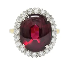 F&F Felger Garnet Cabochon Diamond Platinum-Topped 14 Karat Gold Cluster Ring