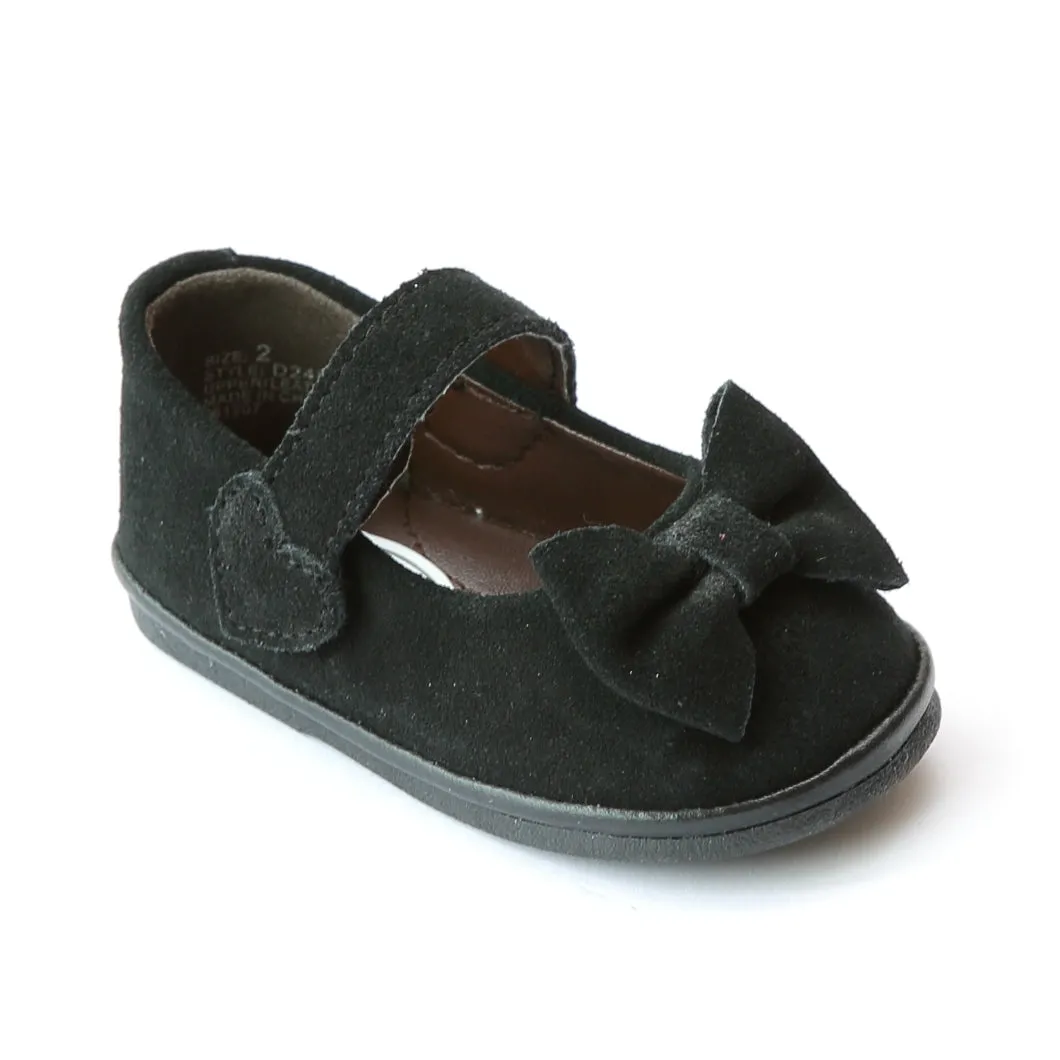 FINAL SALE - Angel Baby Girls Black Nubuck Leather Bow Mary Janes