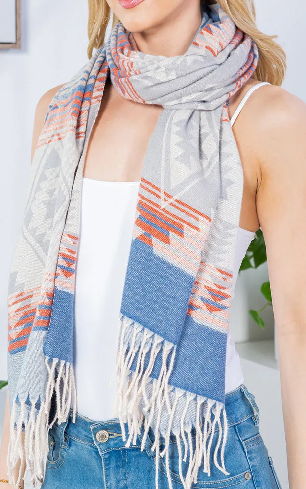 GAO4230 AZTEC PATTERN OBLONG SCARF W/FRINGES