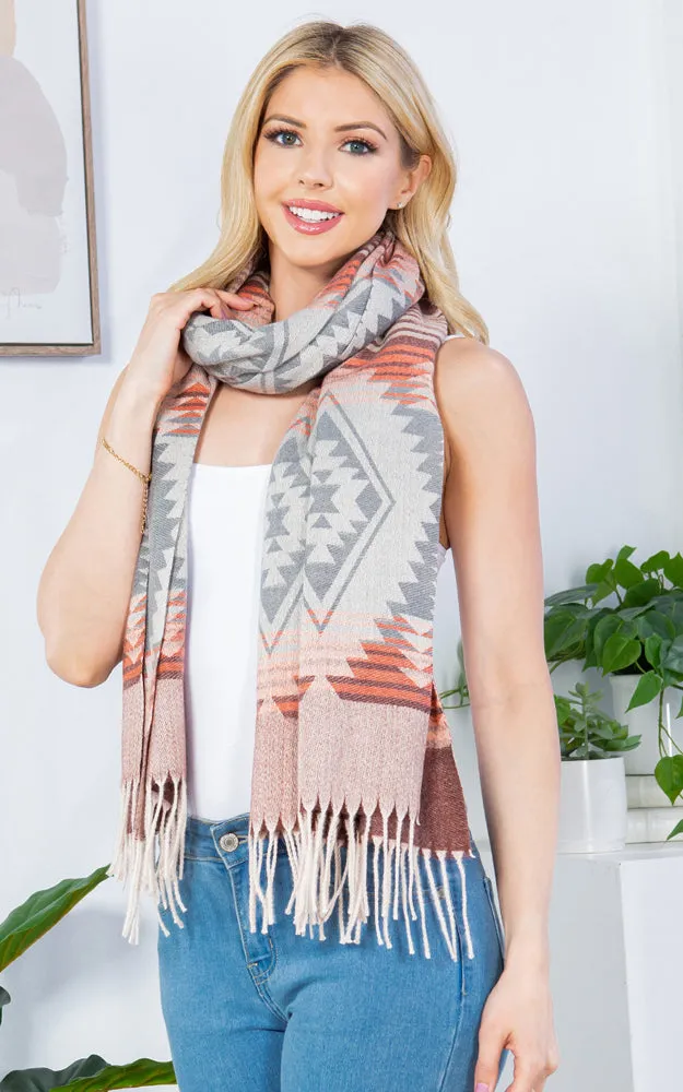 GAO4230 AZTEC PATTERN OBLONG SCARF W/FRINGES