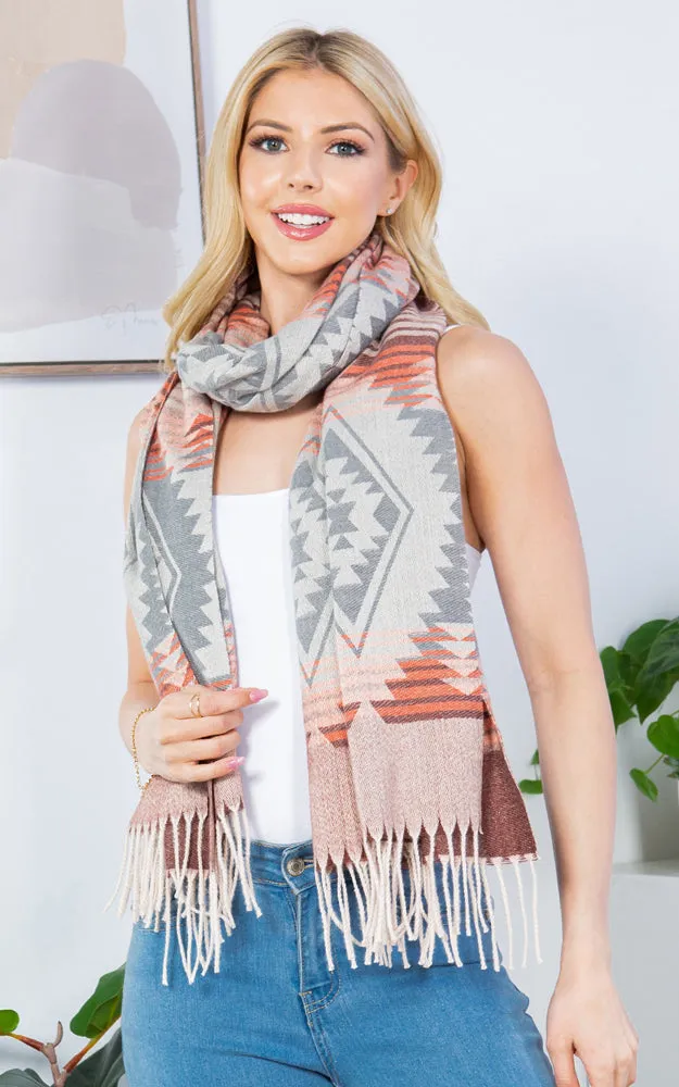 GAO4230 AZTEC PATTERN OBLONG SCARF W/FRINGES