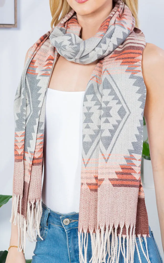 GAO4230 AZTEC PATTERN OBLONG SCARF W/FRINGES