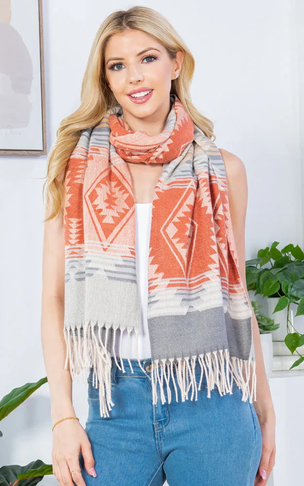 GAO4230 AZTEC PATTERN OBLONG SCARF W/FRINGES