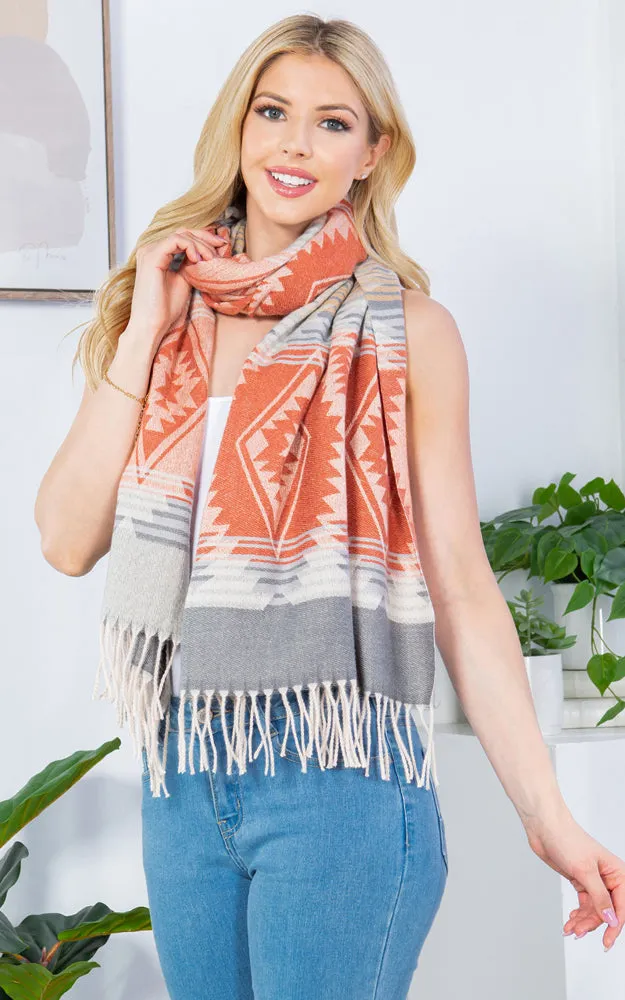 GAO4230 AZTEC PATTERN OBLONG SCARF W/FRINGES