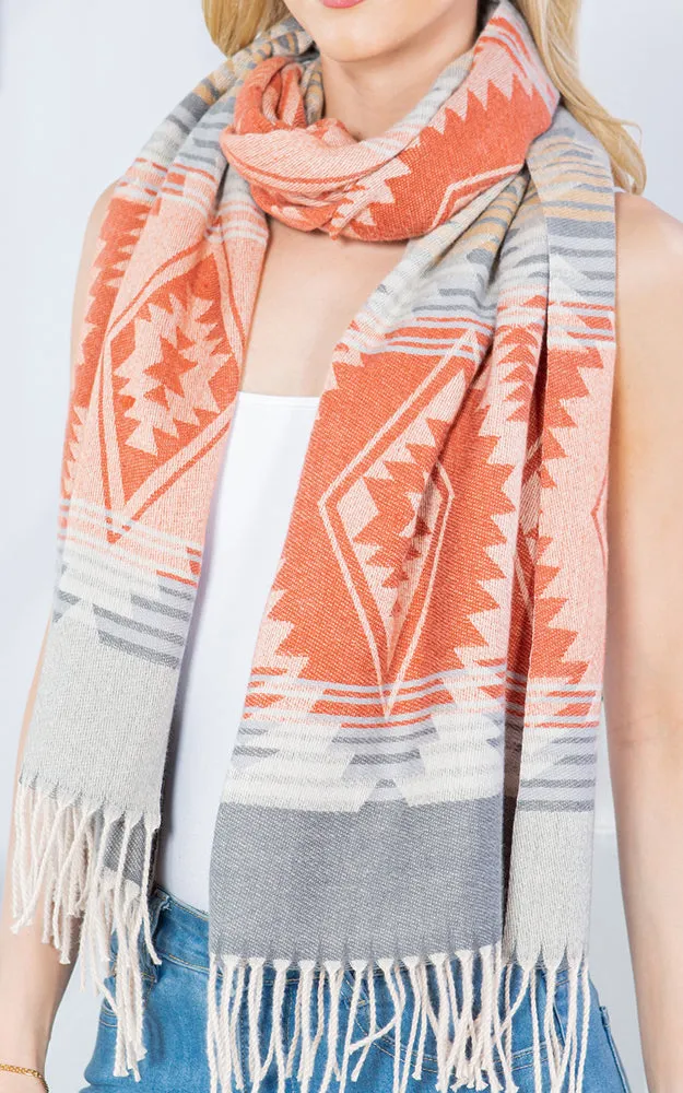 GAO4230 AZTEC PATTERN OBLONG SCARF W/FRINGES