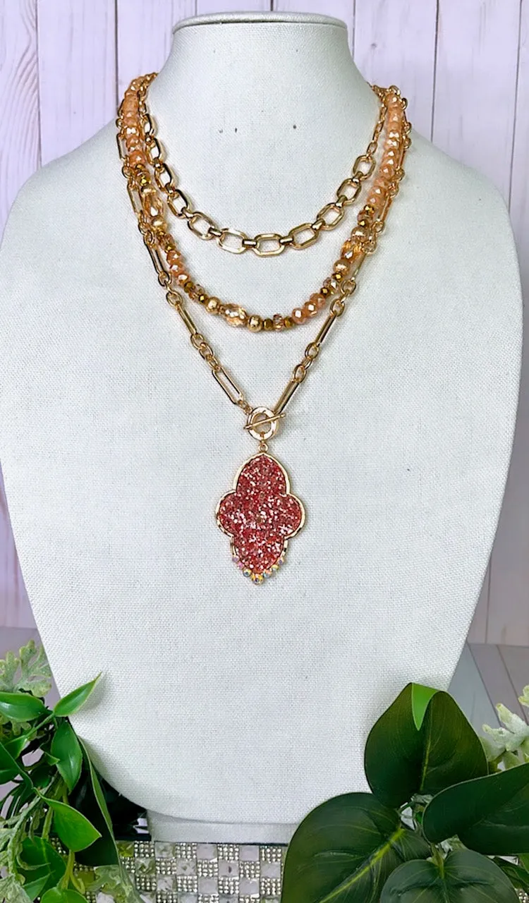 Gold Chain & Crystal Beaded Layer Necklace with Rose Gold Glitter Pendant