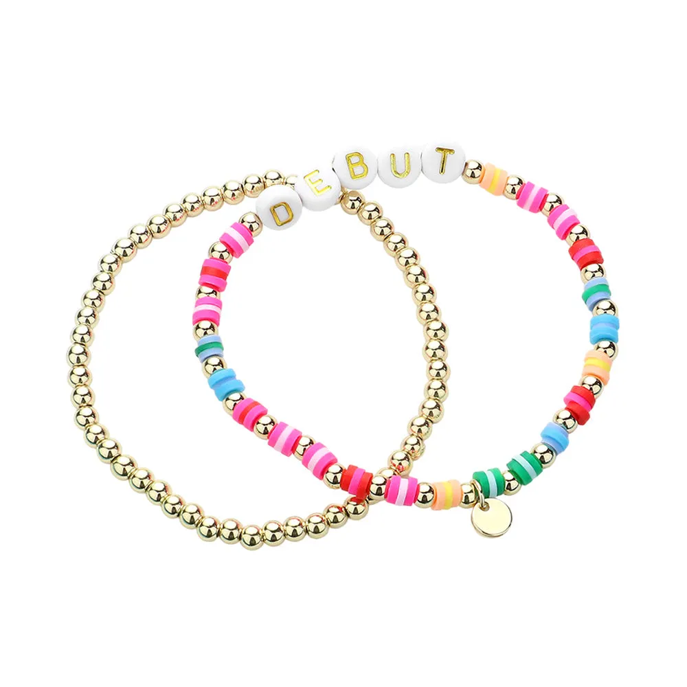 iLLASPARKZ 2PCS - DEBUT Message Metal Ball Heishi Beaded Stretch Multi Layered Bracelets