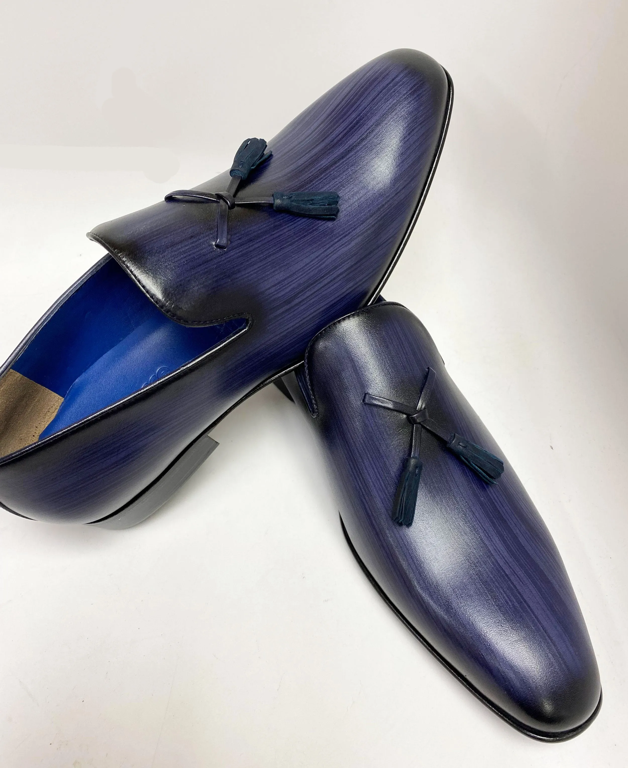 Jean Pierre Hand Burnished Calfskin Tasseled Loafer Navy