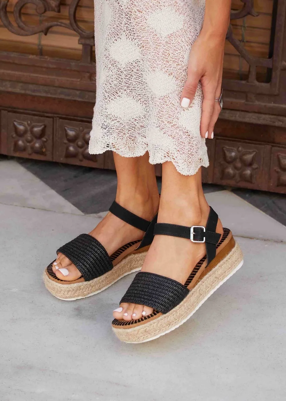 Linzi Panama Black Raffia Two Part Espadrille Inspired Flatform Sandal