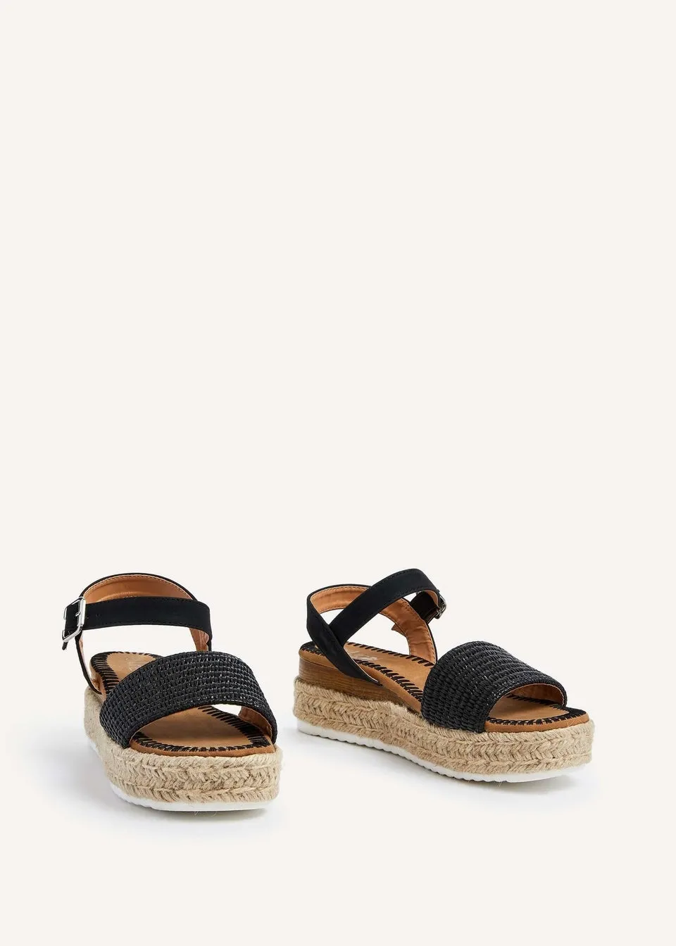 Linzi Panama Black Raffia Two Part Espadrille Inspired Flatform Sandal