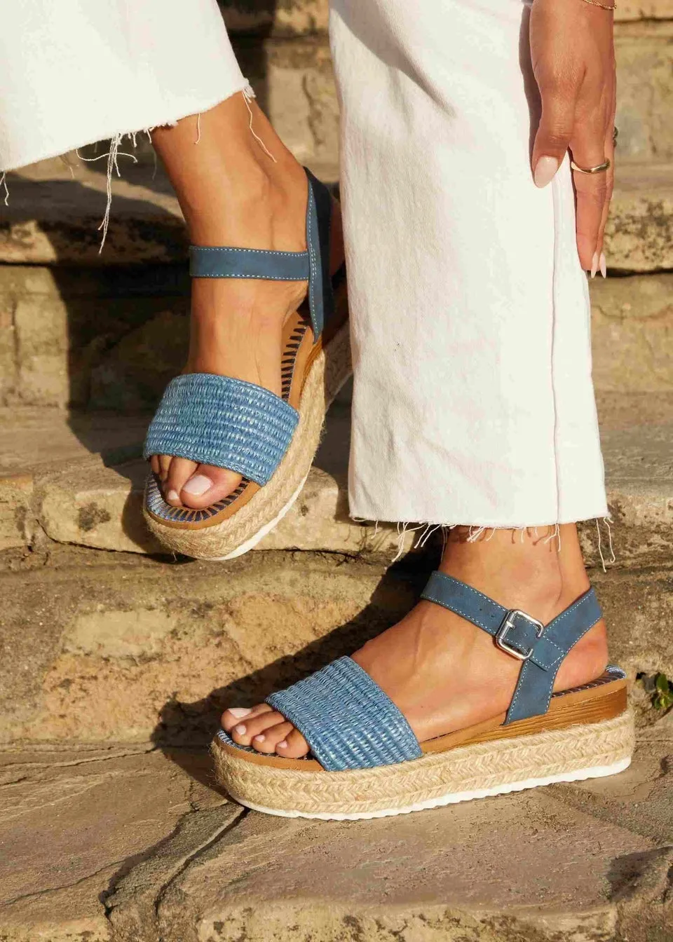 Linzi Panama Blue Raffia Two Part Espadrille Inspired Flatform Sandal