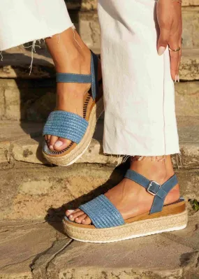 Linzi Panama Blue Raffia Two Part Espadrille Inspired Flatform Sandal