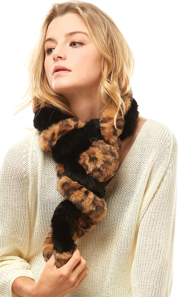 LOF925 Leopard Faux Fur Twisted Pull Through Scarf