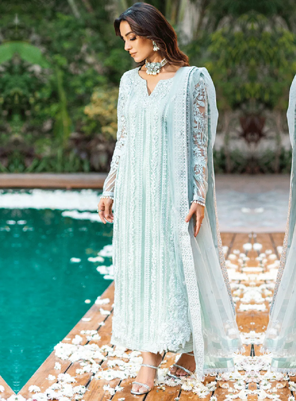 Luxe By Azure Embroidered Net Unstitched 3 Piece Suit - AZU23L AS-120 MINT BREEZE