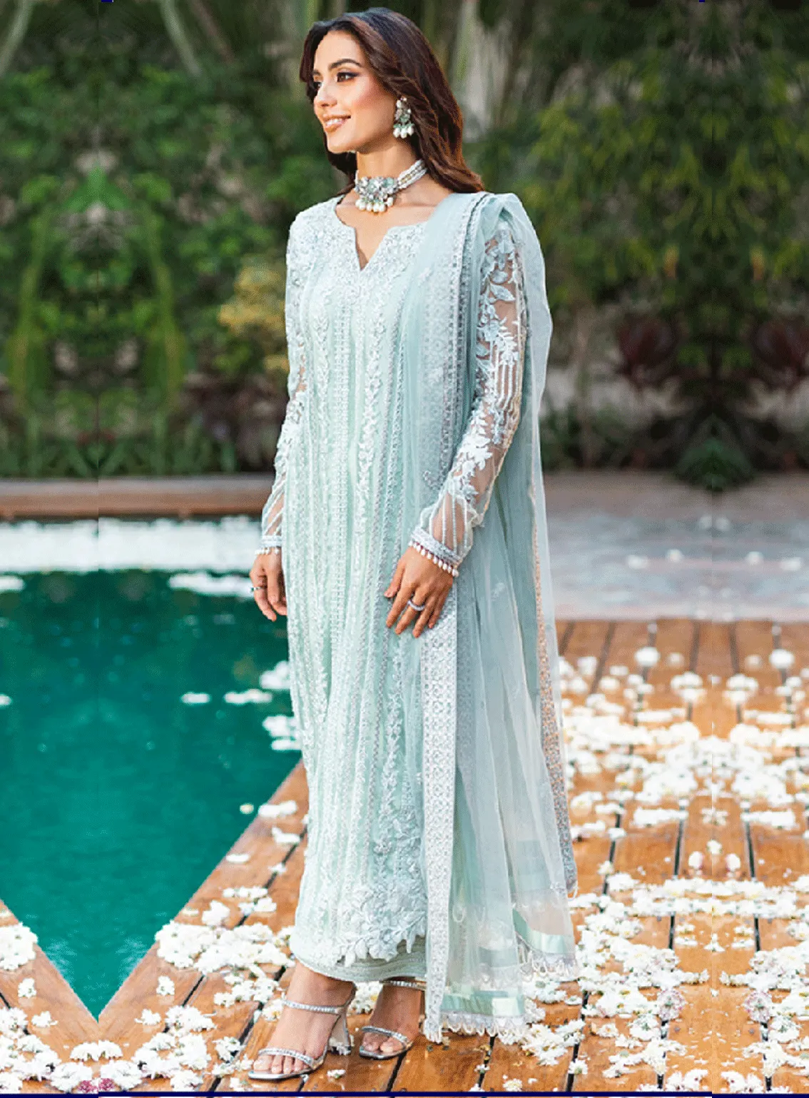 Luxe By Azure Embroidered Net Unstitched 3 Piece Suit - AZU23L AS-120 MINT BREEZE