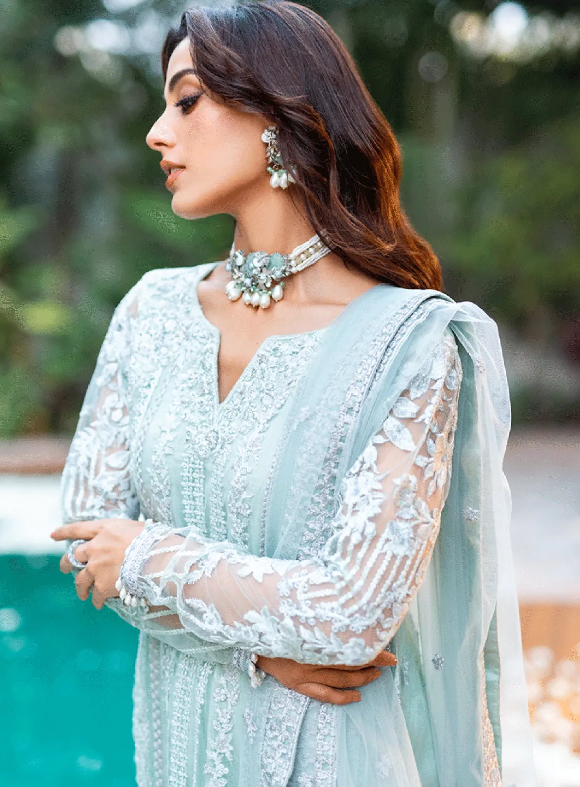 Luxe By Azure Embroidered Net Unstitched 3 Piece Suit - AZU23L AS-120 MINT BREEZE