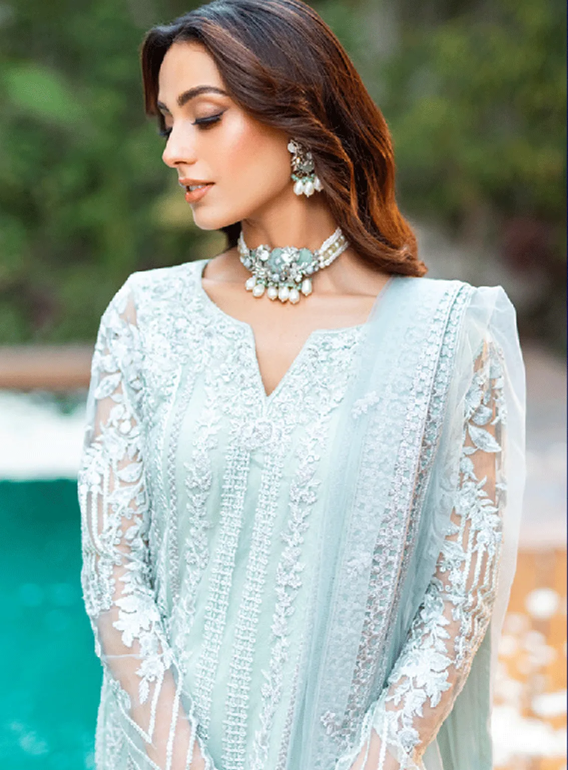 Luxe By Azure Embroidered Net Unstitched 3 Piece Suit - AZU23L AS-120 MINT BREEZE