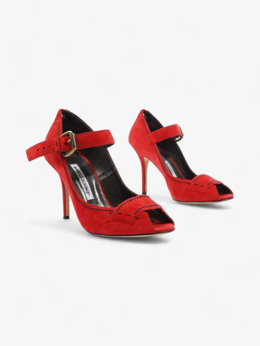 Manolo Blahnik Peep-Toe Mary-Jane Heels 80mm Red Suede EU 39.5 UK 6.5