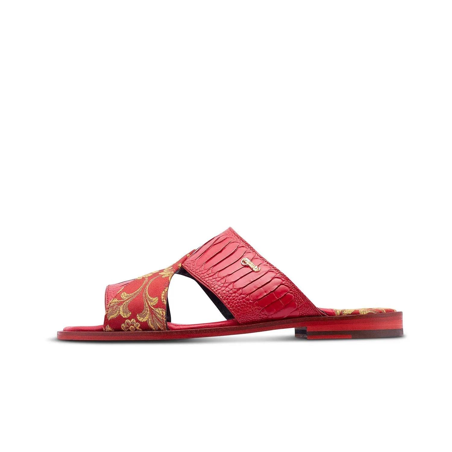 Mauri 5140 Cancun Men's Shoes Red Exotic Ostrich Leg / Gobelins Fabric Slip-On Sandals (MA5415)