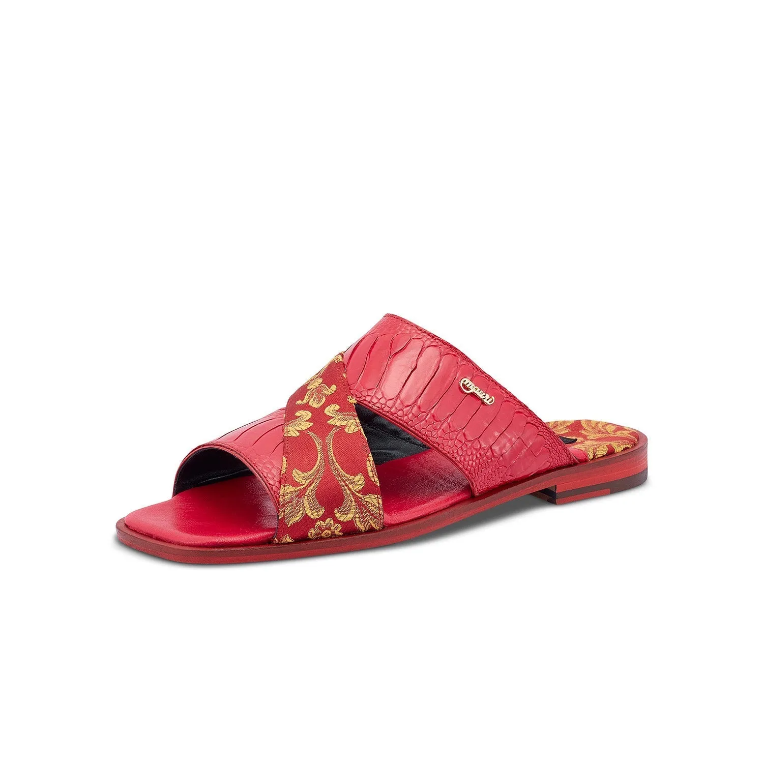 Mauri 5140 Cancun Men's Shoes Red Exotic Ostrich Leg / Gobelins Fabric Slip-On Sandals (MA5415)