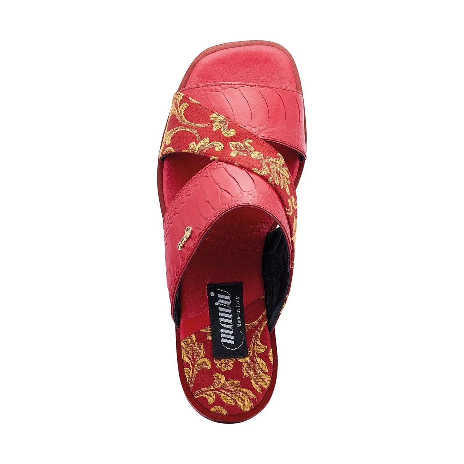 Mauri 5140 Cancun Men's Shoes Red Exotic Ostrich Leg / Gobelins Fabric Slip-On Sandals (MA5415)