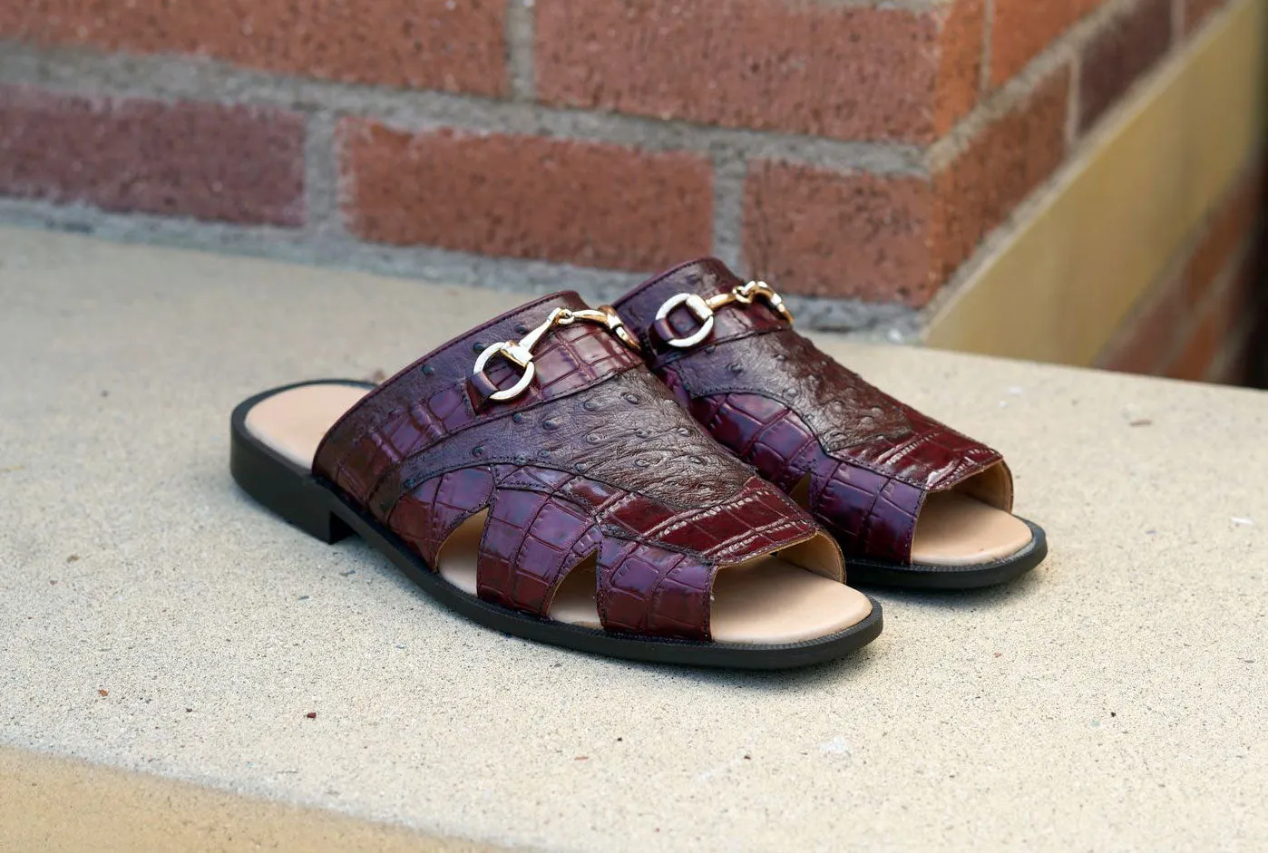 Maurice Embossed Calfskin Slip-On Sandal Burgundy