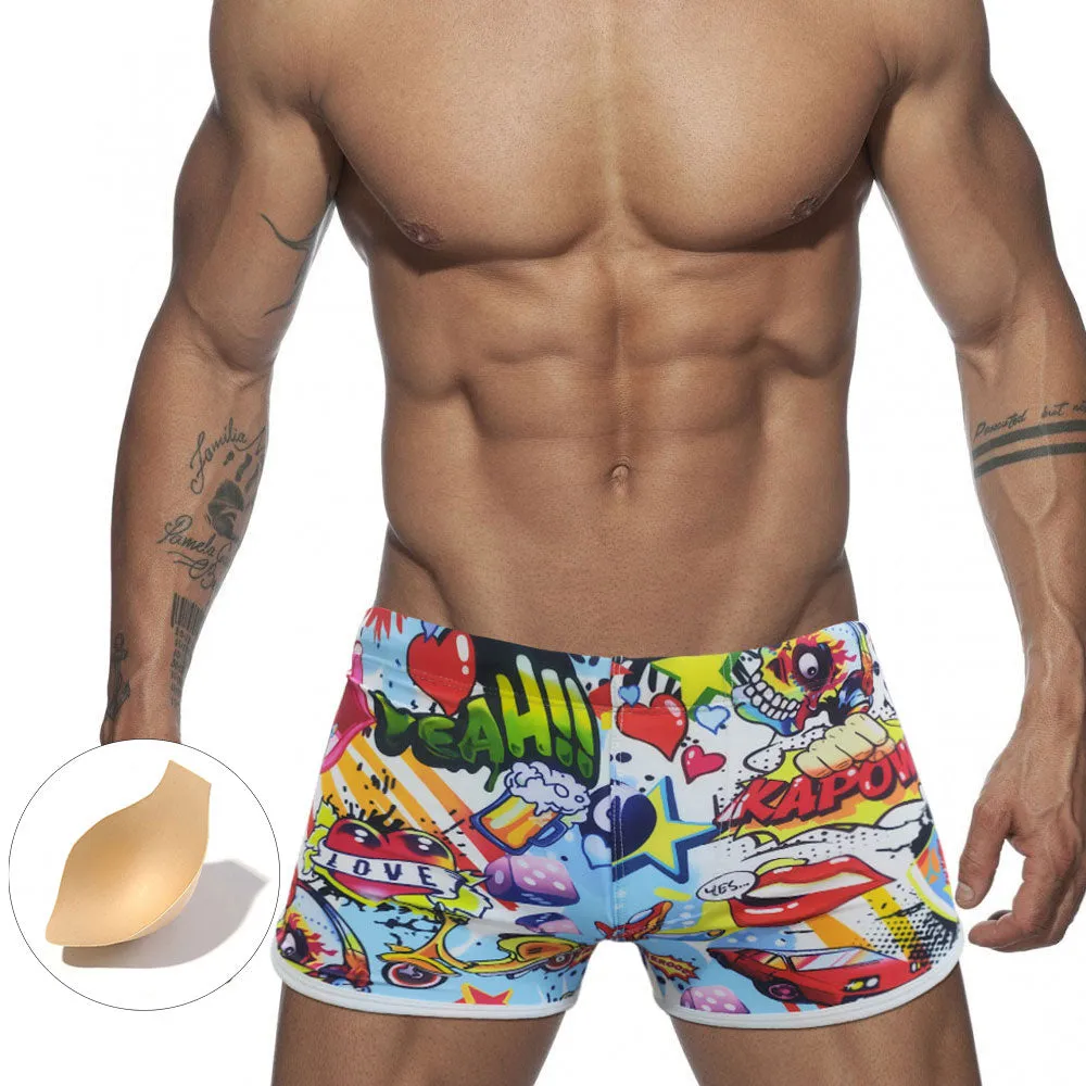 Men's Summer Beach Surfing Padded Push-Up Cartoon Briefs Swimwear