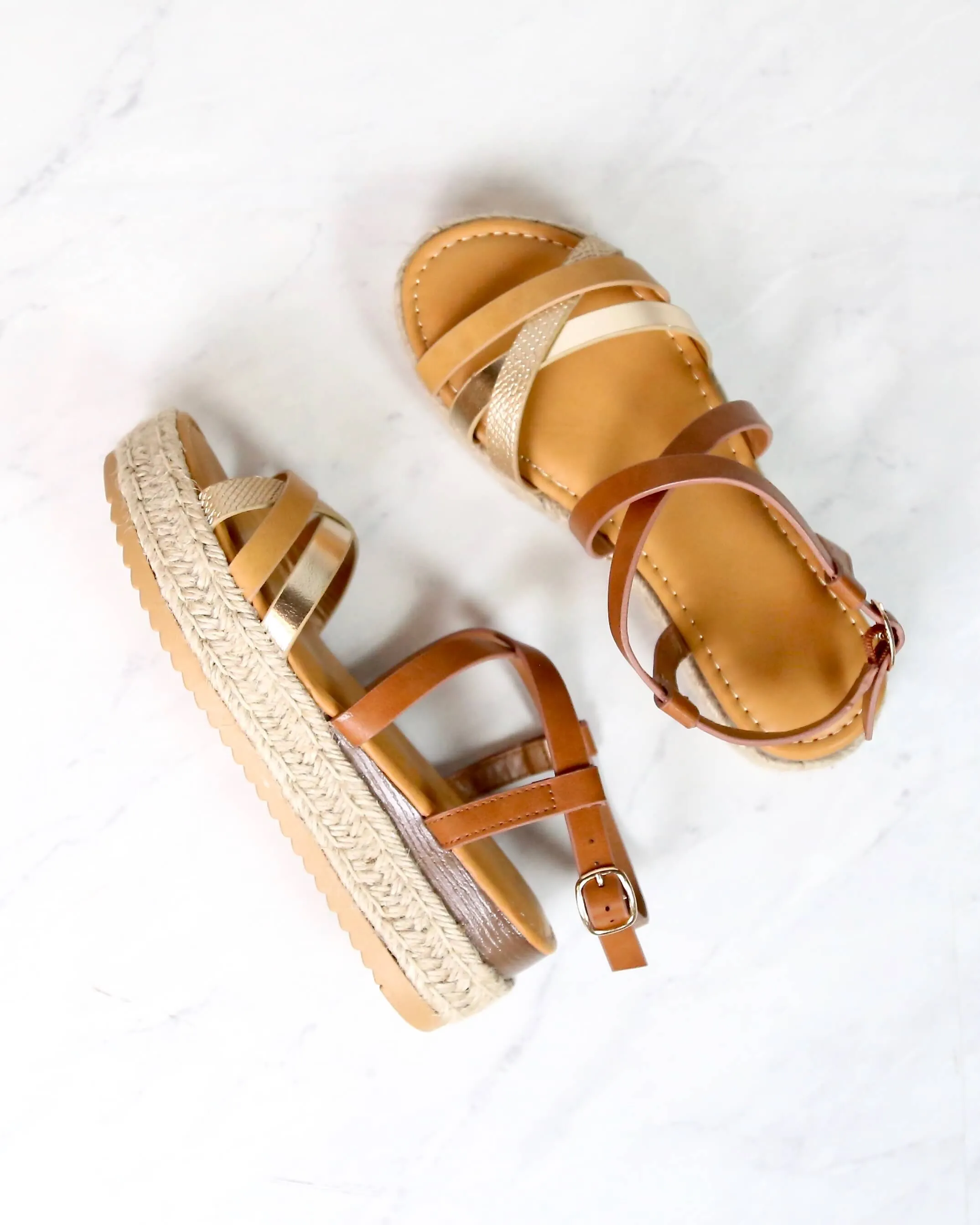 Multi Bands Crossed-Strap Espadrille Platform Sandal with Ankle Strap in Natural Multi