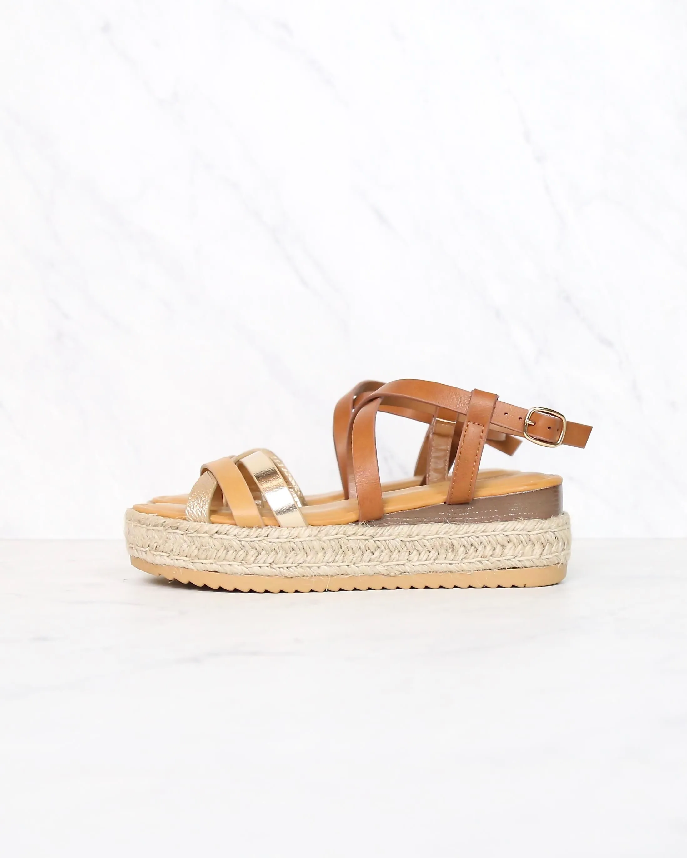 Multi Bands Crossed-Strap Espadrille Platform Sandal with Ankle Strap in Natural Multi